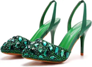 Women's Crystal Leather Slingback Heeled Sandals, Rhinestone Sparkle Stiletto High Heels with Buckle Closed Toe Ankle Strap Pumps Shoes 7.5 CM