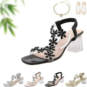 Women's Flower Rhinestone Block Heel Sandals, Summer Fashion Square Open Toe High Heels, Clear Crystal Chunky Heel Dress Shoes for Party with Elastic Ankle Strap