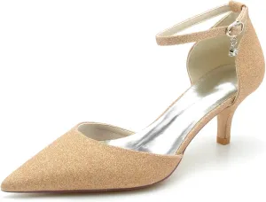 Women's Kitten mid Heeled Wedding Shoes for Bride Pointy Toe Glitter Bridal Shoes Dress Party Dressy Pumps