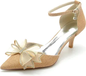 Women's Kitten mid Heeled Wedding Shoes for Bride Pointy Toe Glitter Bridal Shoes Dress Party Dressy Pumps