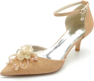 Women's Kitten mid Heeled Wedding Shoes for Bride Pointy Toe Glitter Bridal Shoes Dress Party Dressy Pumps
