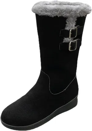 Women's Mid Calf Boots Winter Snow Boots for Women Warm Fleece Lined Platform Wedge Booties Slip on Fashion Bootie Outdoor Fuzzy Tall Boots Metal Buckle Calf Boots Insulated Cold Weather Boots