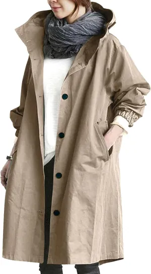Women's Mid Length Trench Coat,Lightweight Windproof Classic Lapel Hooded Coats,Oversized Waterproof Rain Jacket