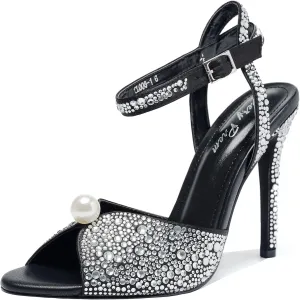 Womens Open Toe 4.3" Stiletto Sandals Rhinestone & Bead Ankle Strap Nightclub/Party/Wedding Shoes