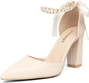 Women's Pearl Ankle Strap Heels, Pointed Toe, Bowknot, Stiletto Heels, White Wedding Shoes