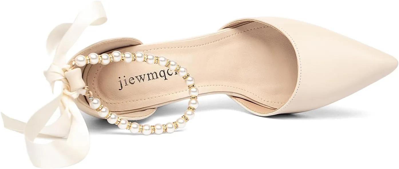 Women's Pearl Ankle Strap Heels, Pointed Toe, Bowknot, Stiletto Heels, White Wedding Shoes