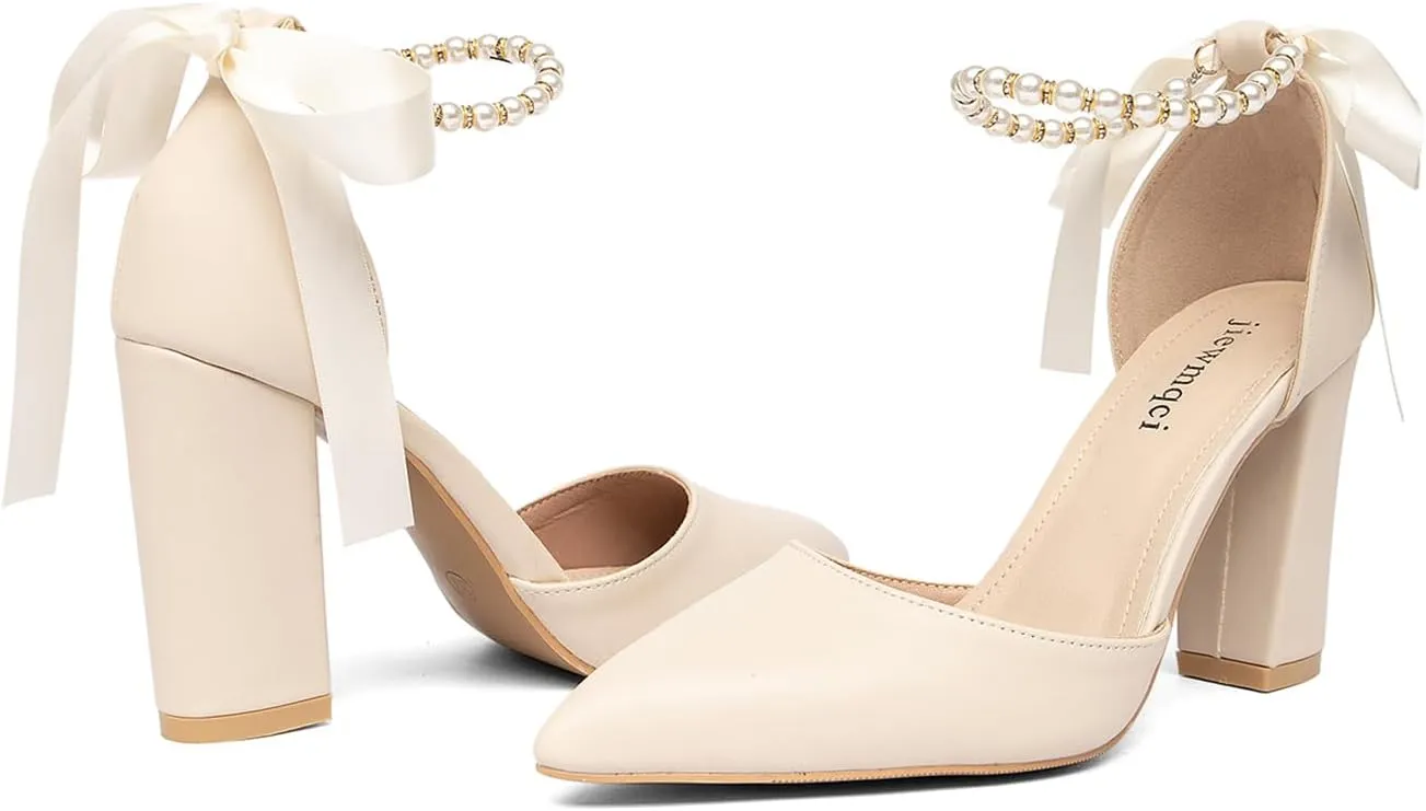 Women's Pearl Ankle Strap Heels, Pointed Toe, Bowknot, Stiletto Heels, White Wedding Shoes