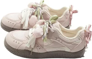 Women's Pink Y2K Lace Butterfly Sneakers Casual Chucky Platform Trainers Soft Sole Breathable Lace-Up Low Top White Shoes for Daily Wear