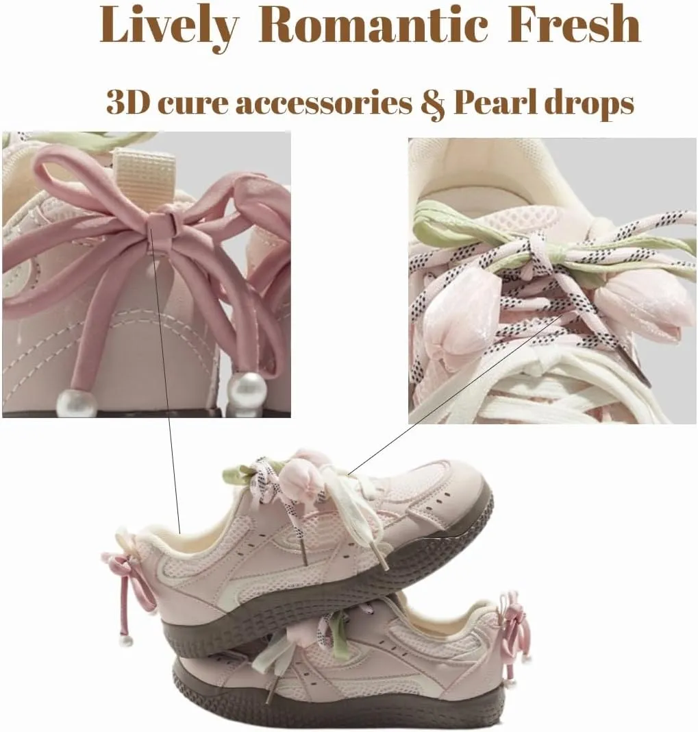 Women's Pink Y2K Lace Butterfly Sneakers Casual Chucky Platform Trainers Soft Sole Breathable Lace-Up Low Top White Shoes for Daily Wear