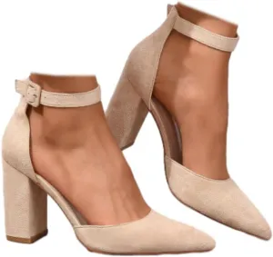 Women's Pointed Toe High Heels Pump Shoes Suede Closed Toe Ankle Strap Wedding Evening Party Dress Shoes