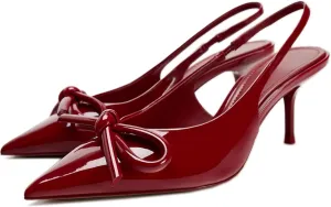 Women's Red Bow Kitten Heels Closed Pointed Toe Slingback Pumps Wedding Party Stiletto High Heels