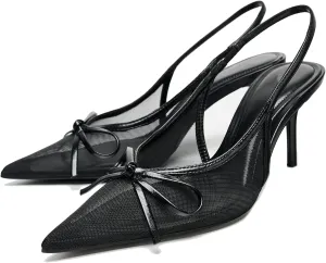 Women's Red Bow Kitten Heels Closed Pointed Toe Slingback Pumps Wedding Party Stiletto High Heels