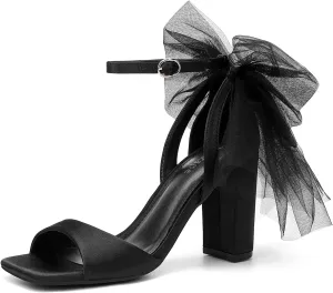Women's Satin Wedding White Bow Heels for Women Block Chunky White Heels Wedding Shoes for Bride White Dress Shoes for Women White Wedge Heel Bow