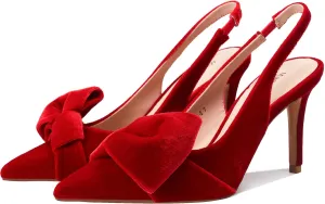 Women's Slingback Heels with Bow Leather Pointed Toe Pumps with Elasticated Strap 3.3" High Heels Evening Comfy Dress Shoes
