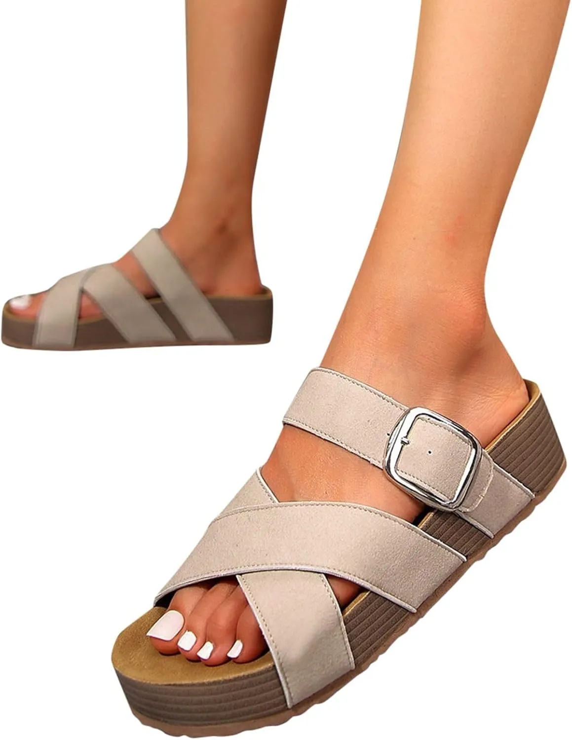 Women's Summer Slide Sandals Comfortable Thick Platform Casual Beach Vacation Wide Fit Flat Strappy Footwear