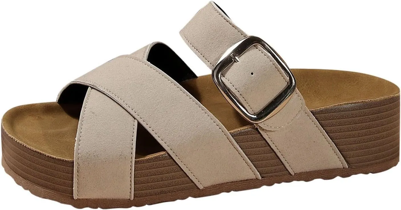 Women's Summer Slide Sandals Comfortable Thick Platform Casual Beach Vacation Wide Fit Flat Strappy Footwear