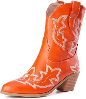 Women's White Embroidered Cowboy Ankle Boots