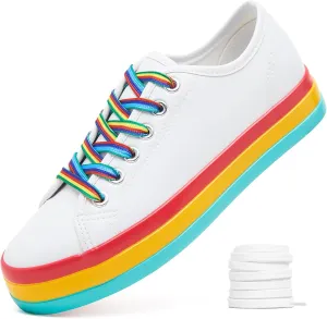 XRH White Shoes for Women Rainbow Platform Sneakers,Women Tennis Shoes Comfortable Sneaker with Colored Shoelaces,Colorful Classic Leather Shoes