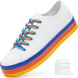 XRH White Shoes for Women Rainbow Platform Sneakers,Women Tennis Shoes Comfortable Sneaker with Colored Shoelaces,Colorful Classic Leather Shoes