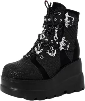 ZKXYFFS Women's Goth Ankle Booties Lace Up Punk Rivet Mid Calf Boots with Side Zip and Chunky High Heel Platforms